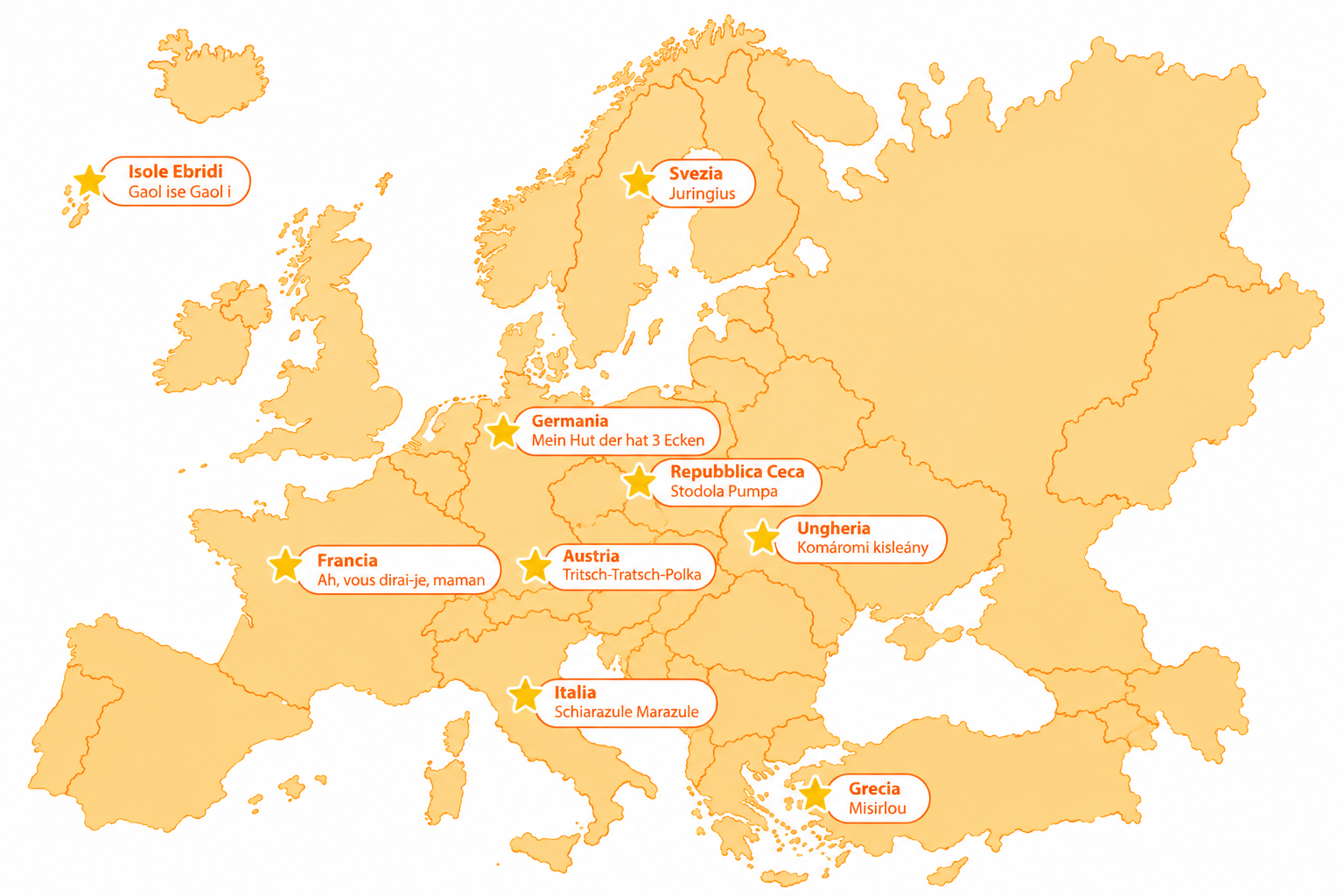 Mappa dell'Europa con le stelline dei paesi del nostro viaggio in musica